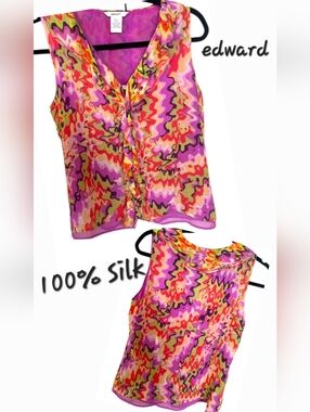 edward 100% Silk Vibrant Multicolor Sleeveless Ruffle Front Button Close Top XS